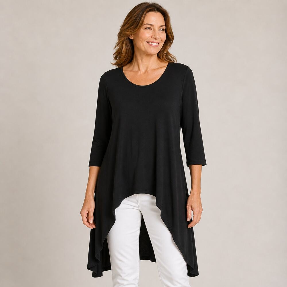 Neiman Marcus Black High Low Tunic Top S Modal Knit Lagenlook Flowy Drape